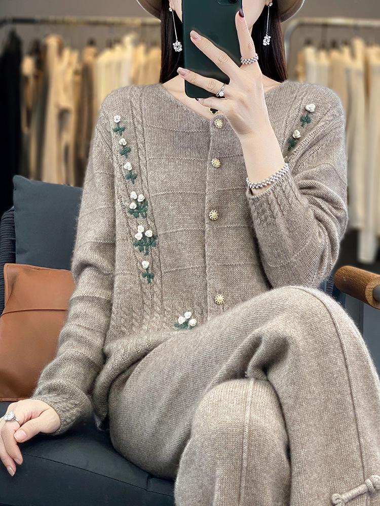 Кардиган из вышитой шерсти в корейском стиле, с высоким дизайном, с круглым вырезом, с длинным рукавом, трикотажное изделие для весны и осени