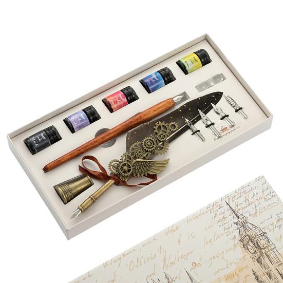 1 Set Useful Gear Decoration Exquisite Fadeless Comfortable Grip Feather Pen Kit for Office Quill