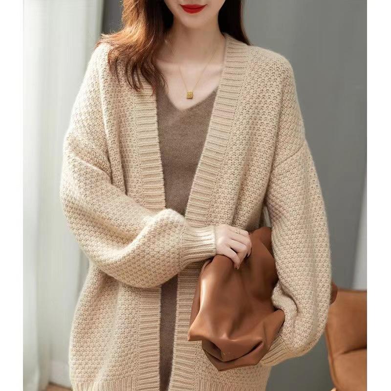 Elegant Loose Long Sleeve Thick Knitted Cardigan Women Autumn Winter Soft Solid Color Sweater Korean