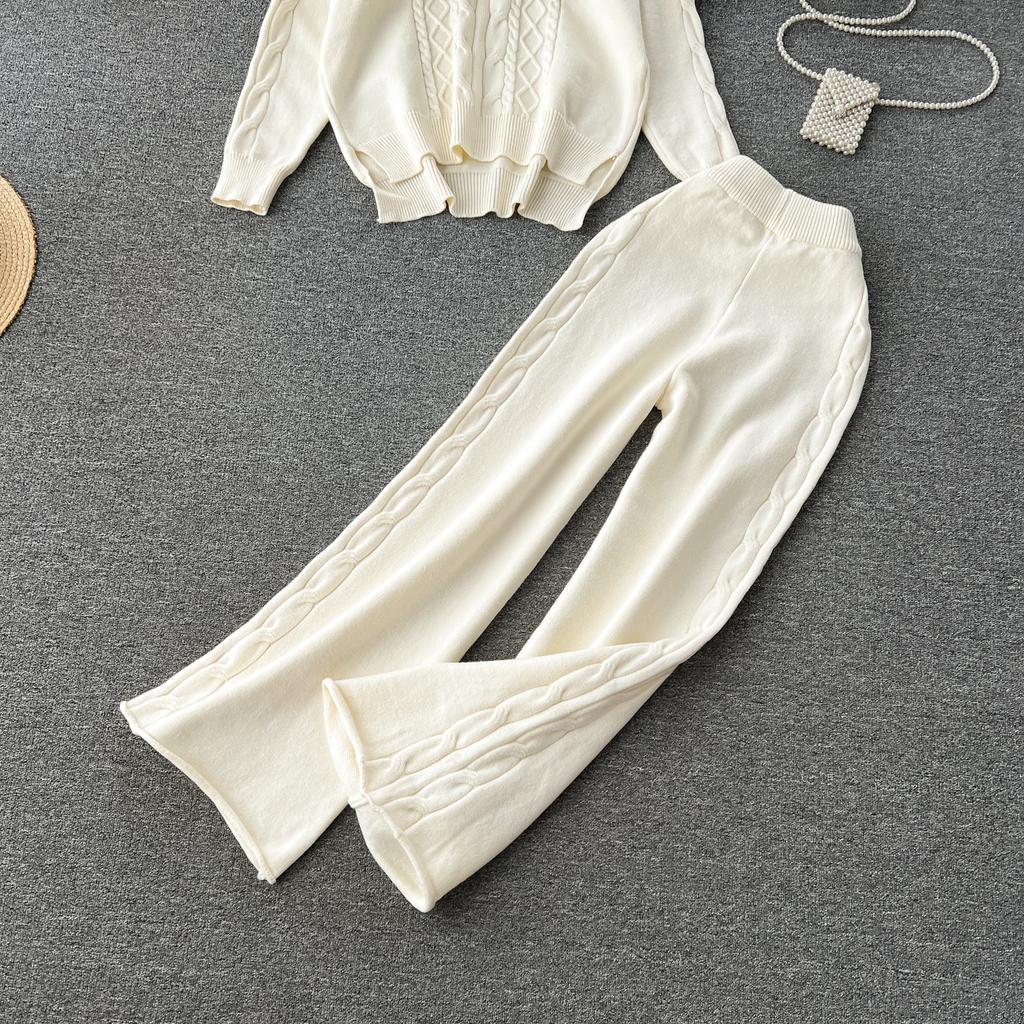 Осенне-зимний женский вязаный свитер, спортивный костюм, модный пуловер с капюшоном, топы и широкие брюки, комплект из двух предметов