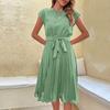 Летний темперамент женское круглое горло присборенное талии однотонное плиссированное платье для женщин