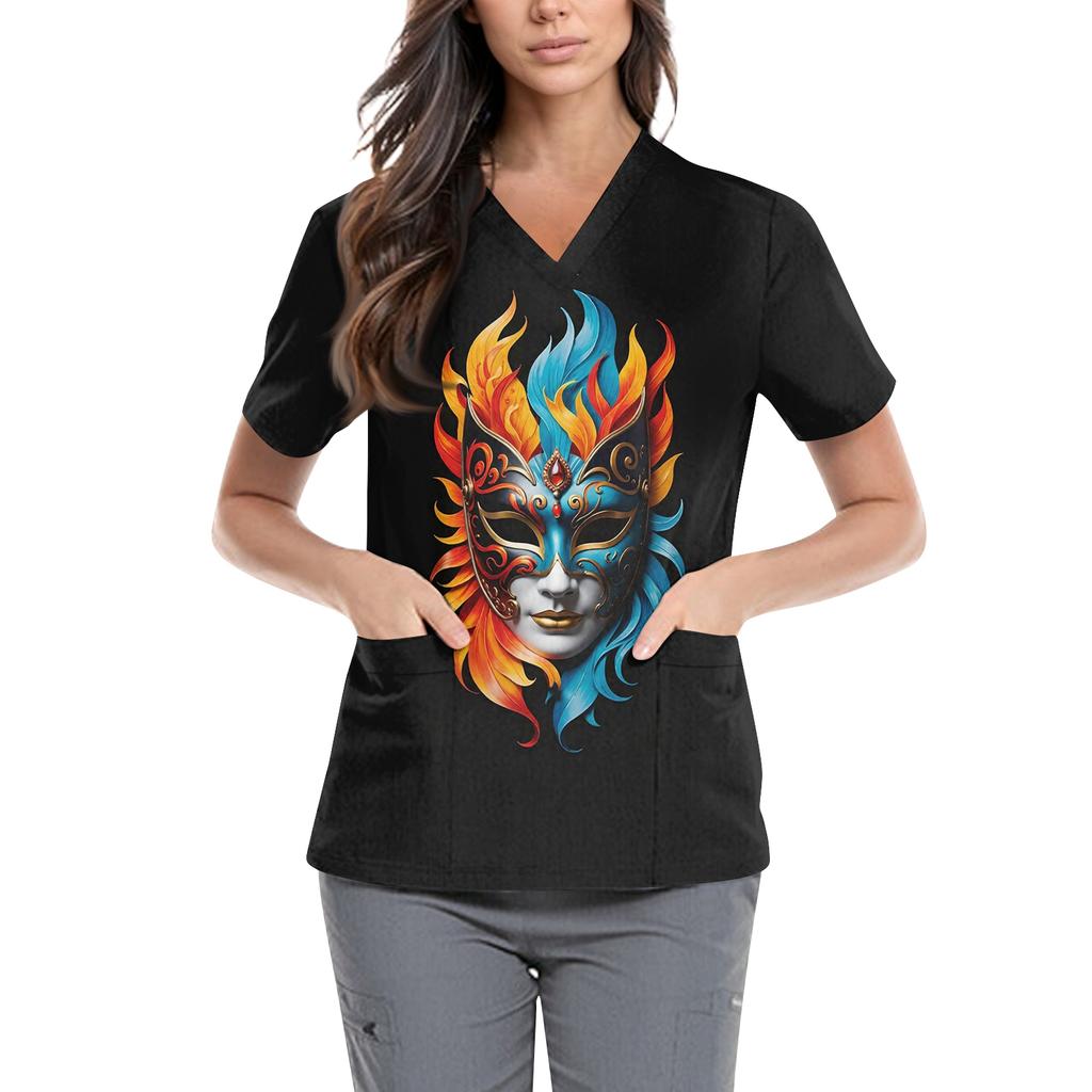 Women's Carnival Themed Outfit Party Mask Pattern Caregiver Top