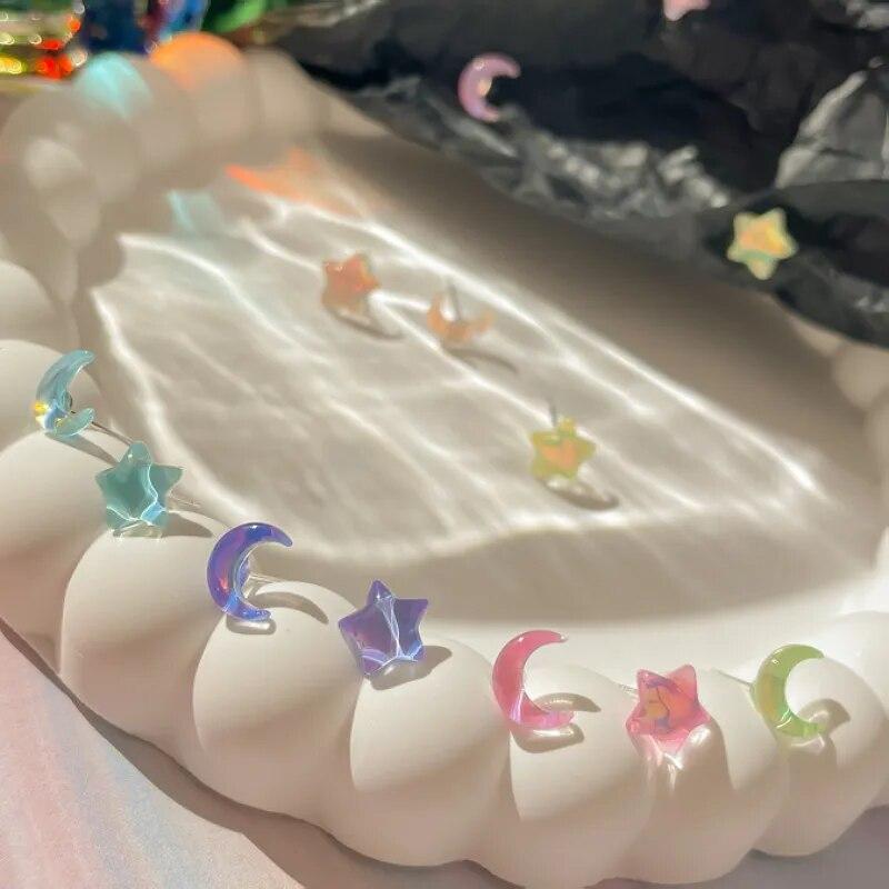Фантастическая фея, красочные серьги-гвоздики со звездой и луной, комплект женских розовых, фиолетовых, прозрачных милых серег, ювелирных изделий, подарок
