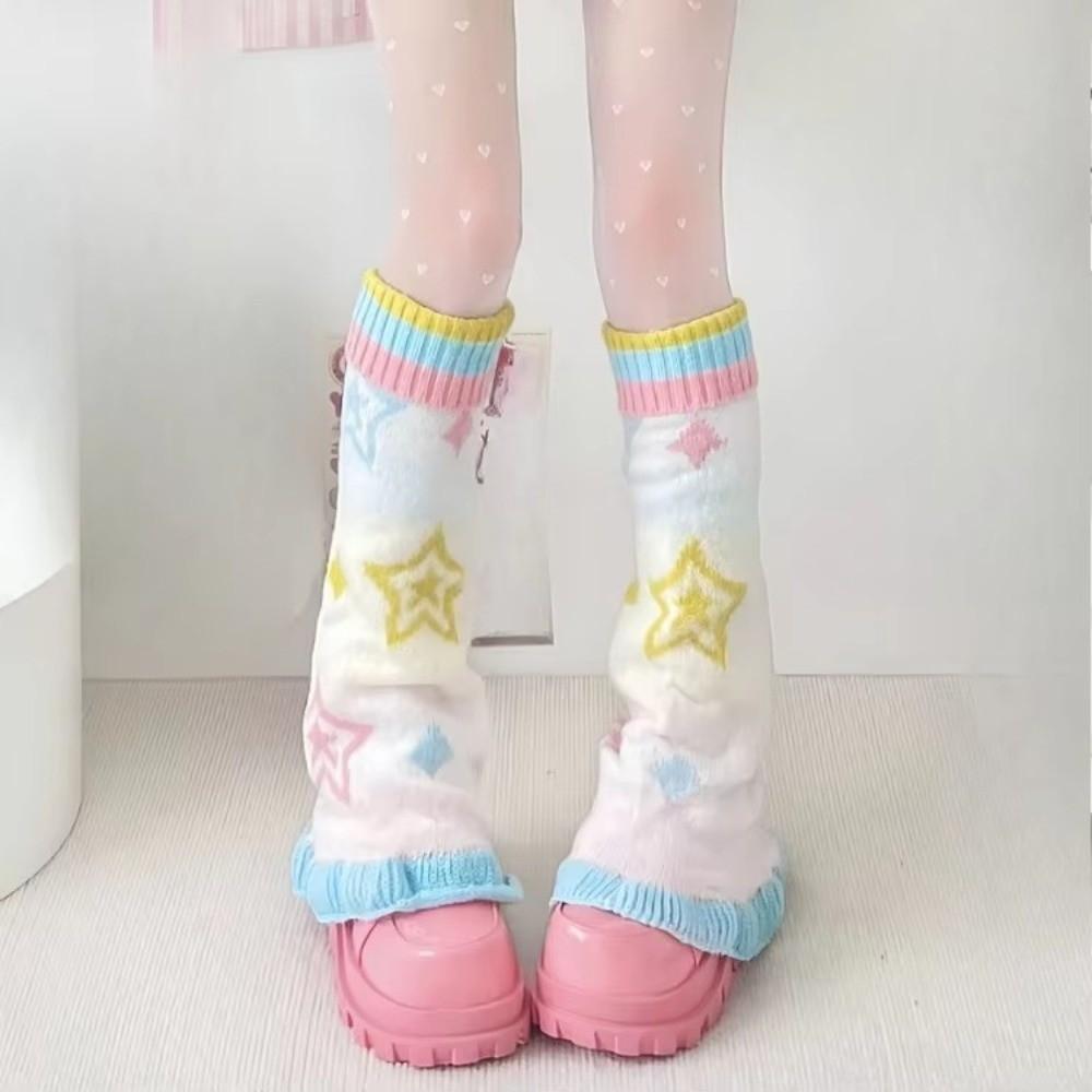1 pair Candy Color Leg Warmers Jacquard Star Pattern Long Socks Sweet Knitted Socks Women Girls