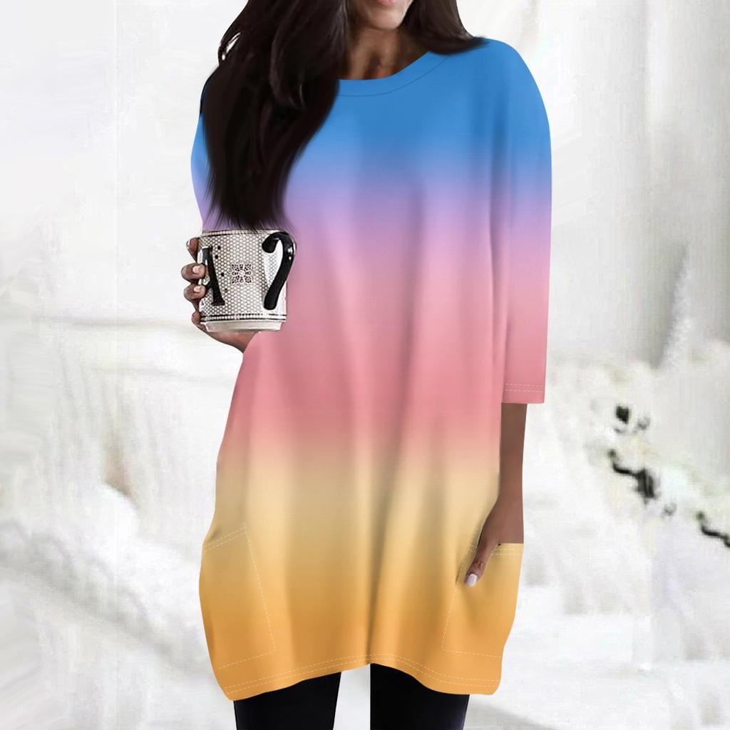 Women's Fashion Casual 3/4 Sleeve Print Round Neck Double Pocket T-Shirt Top