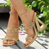 Fashion Summer Gold Sequined High Heel Sandals Women Fashion Square Toe Strange Heeled Slippers Woman Shiny Rhinestone Party Dress Shoes