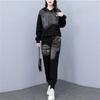 Spring Autumn Fashion Set Women's Versatile Loose and Slim Spliced Denim Hooded Long Sleeve Two Piece Printed Lady Clothing