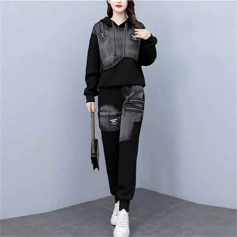 Spring Autumn Fashion Set Women's Versatile Loose and Slim Spliced Denim Hooded Long Sleeve Two Piece Printed Lady Clothing