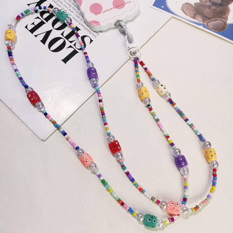 Шнурок для мобильного телефона, Длинный стиль, Через плечо, Цепочка из бусин ручной работы, Красочный, Декор из бусин, Маленький монстр, Смешной, Цепочка через плечо, Женский стиль