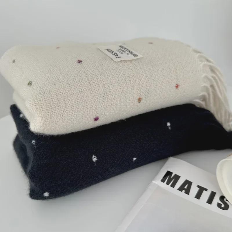 Элегантный звездно-белый шарф для женщин – осенне-зимняя шаль с кисточками и волнистым узором в горошек, корейский стиль