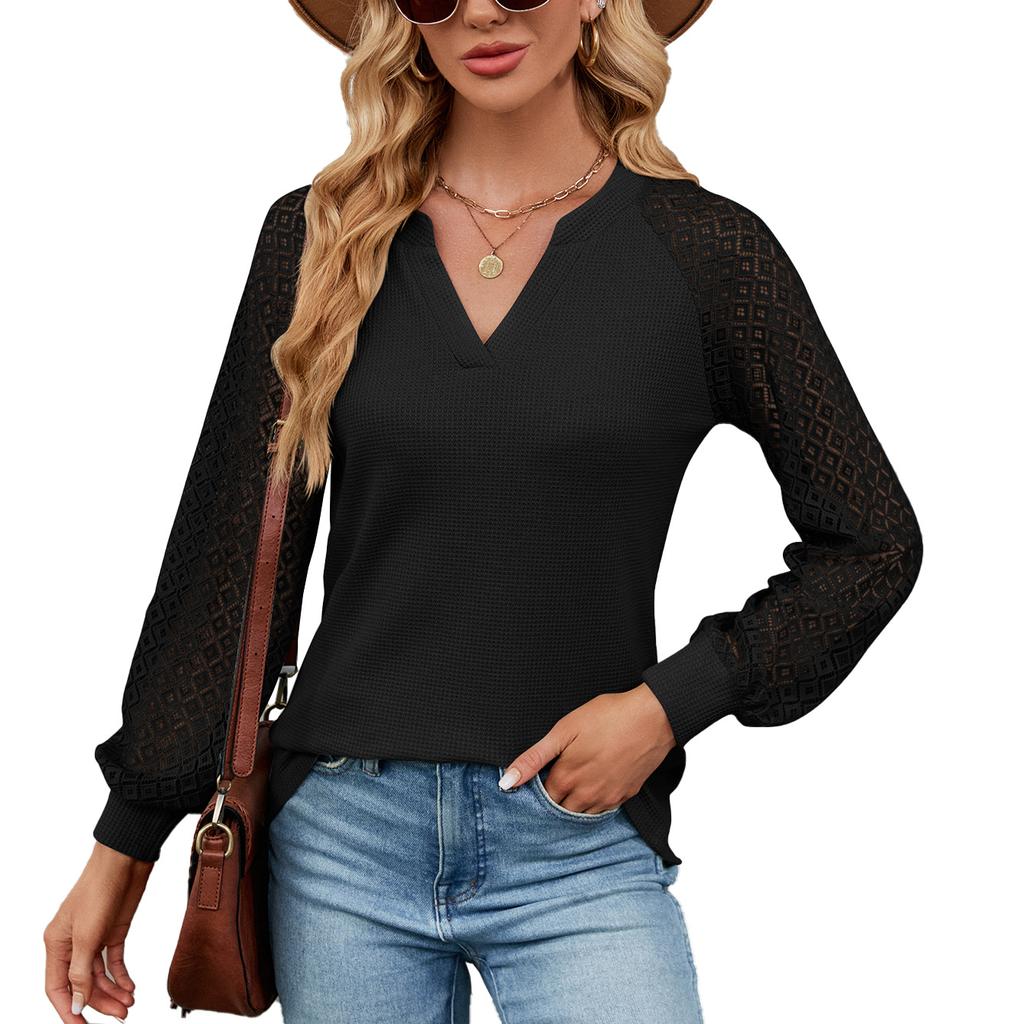 JKAASHDK Women's Fashion Casual Lace Print Summer Spring Long Sleeve V-Neck Pullovers Blouses & Shirts