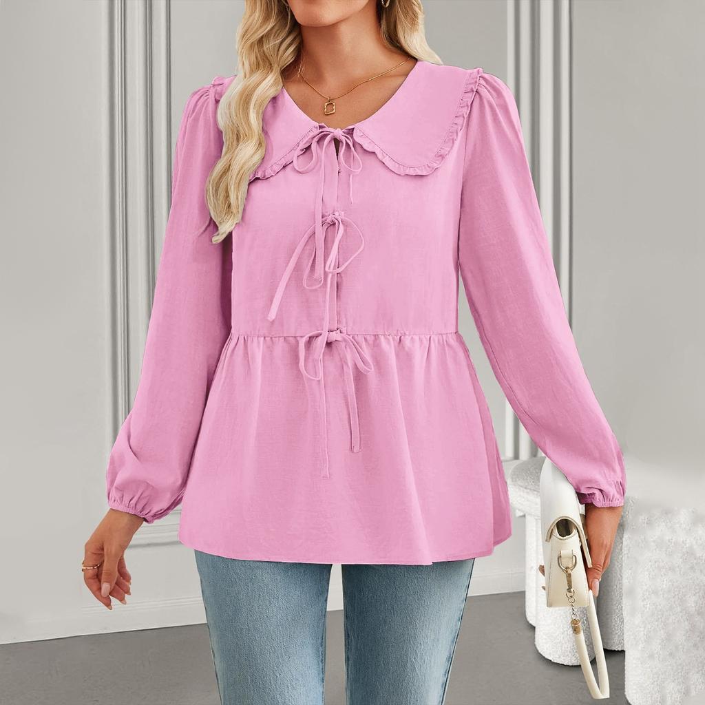 Женская модная рубашка с длинным рукавом и V-образным вырезом, с галстуком-бабочкой, футболка, топы