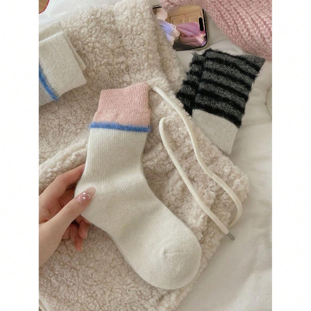 Autumn Winter Thick Warm Cute Socks Korean Wool Stripe Designer Socks Middle Tube Kawaii Casual Harajuku Women Socks