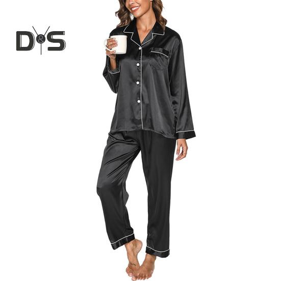 Пижамный костюм из 2 предметов, атласный однобортный кардиган, рубашка с V-образным вырезом, воротником-стойкой, однотонная рубашка с нагрудным карманом, широкие свободные брюки, ночная рубашка