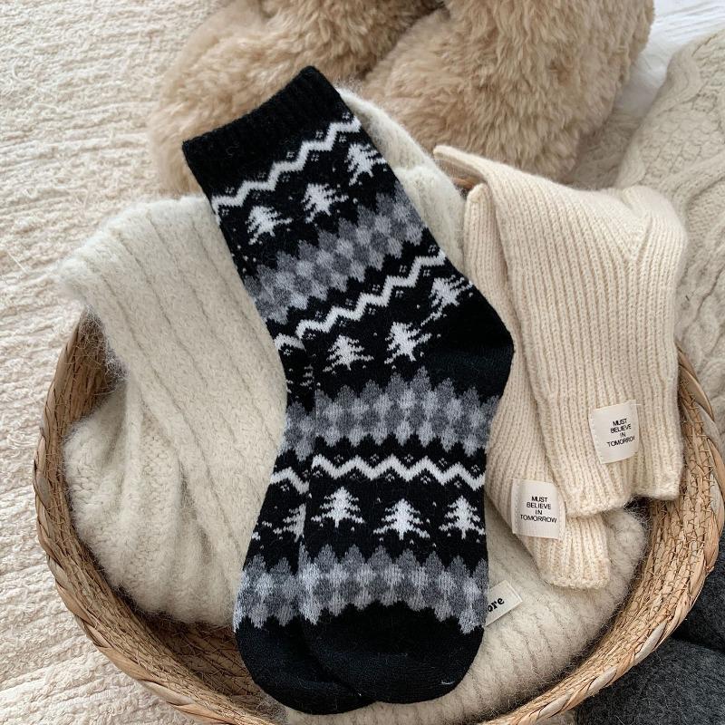 Зимой, теплые утолщенные носки, шерстяные носки до середины икры, носки с ворсом в виде елки, женские носки