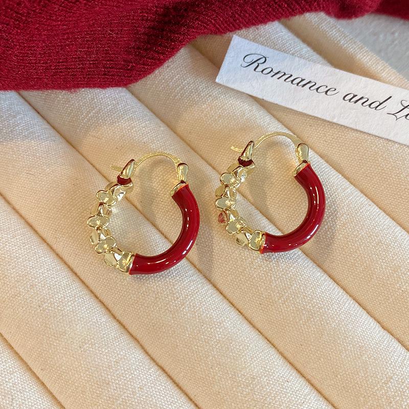 Ankara Red Stud Earrings: Silver Needle Drip Oil, Simple and Versatile Fashion for Women.