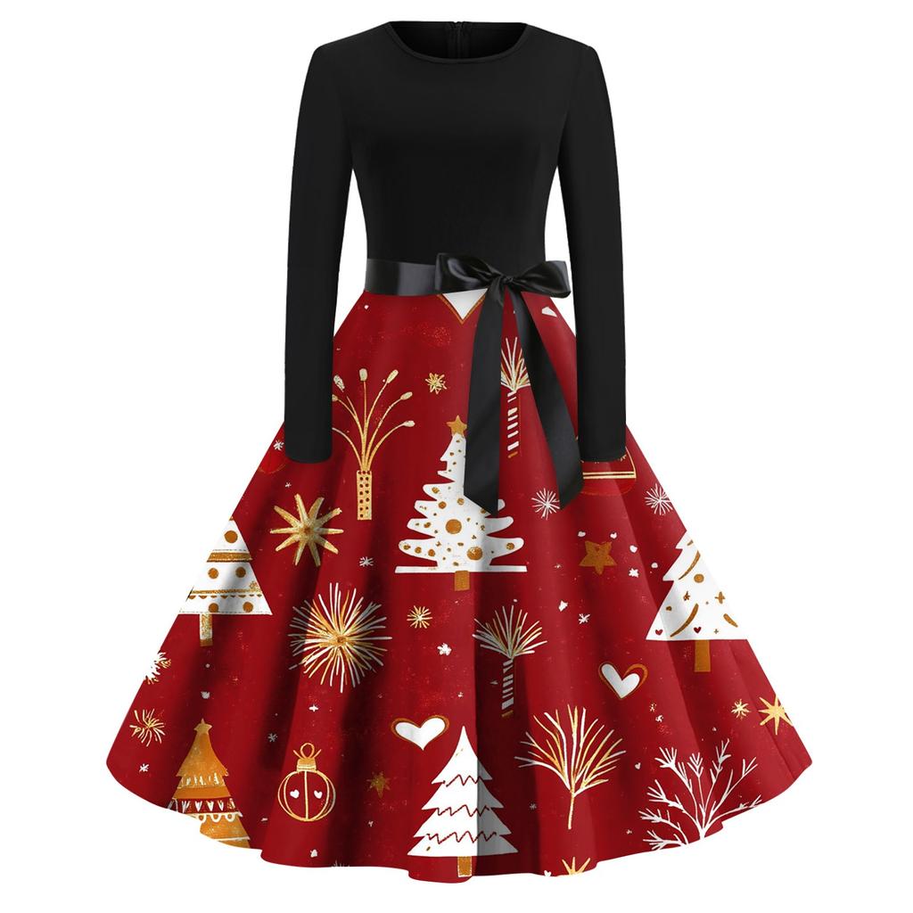 Women's Fashion Vintage Long Sleeve Round Neck Christmas Printed Party Gown Dress