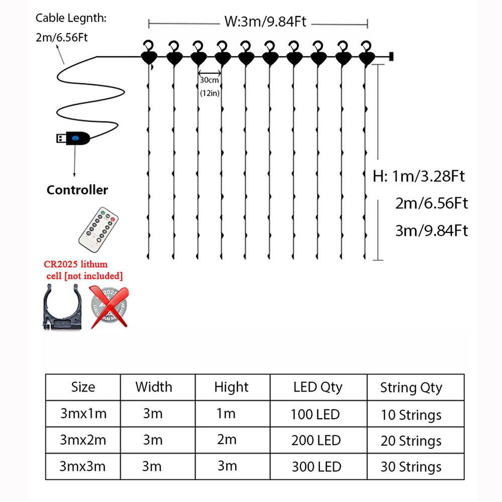 3 м светодиодные гирлянды для занавесок, медная проволока, гирлянда из гирлянд на Новый год, Рождество, украшение для дома, кемпинга, вечеринки на открытом воздухе