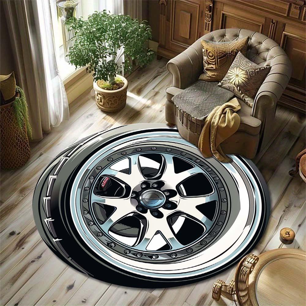 Vintage JDM Car Wheel Round Rug Deep Dish Rim Print NonSlip Floor Mat for Game Room Garage Man Cave Car Enthusiast Decor