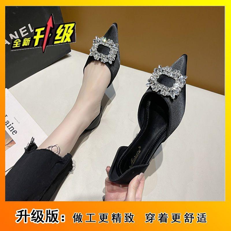 2024 летние популярные туфли со стразами и квадратной пряжкой, женские, новые, знаменитые, темпераментные, модные, универсальные, с заостренным носком, с неглубоким горлом, на плоской подошве