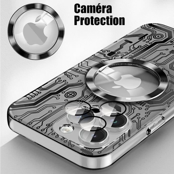 Coque pour iPhone 15 Pro Max avec Cercle Magnétique, Coque Rigide Antichoc Translucide Noir + Protection Caméra Verre Trempé