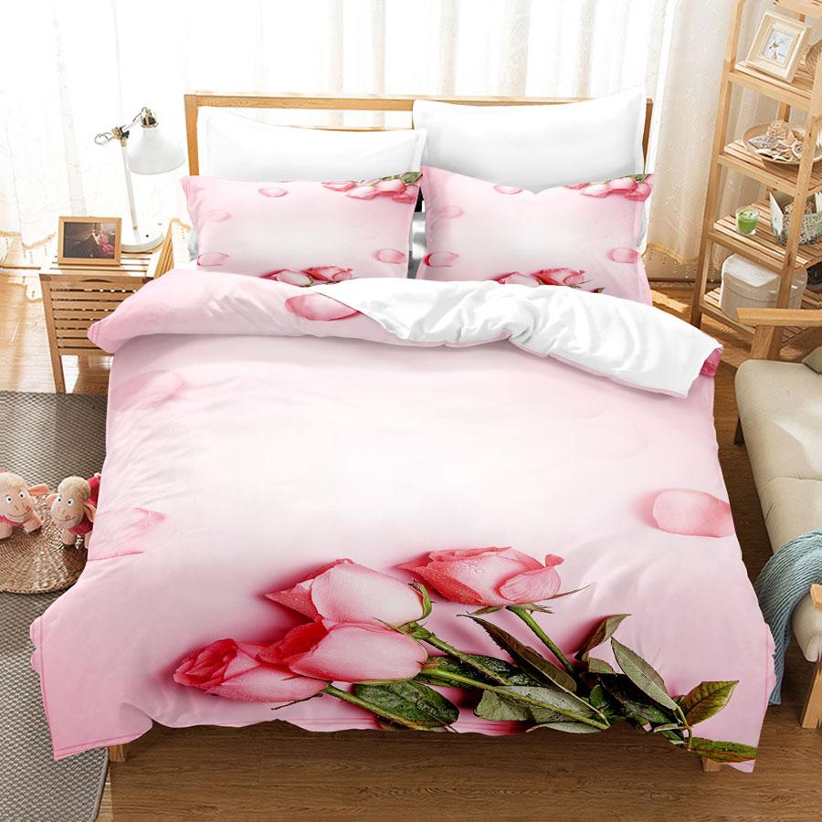 Pink Flower Duvet Cover and Pillowcases Set King Size 220x240 Double Bed Single 3D Queen Bedding Sets Pink Full Twin Quilt Linen
