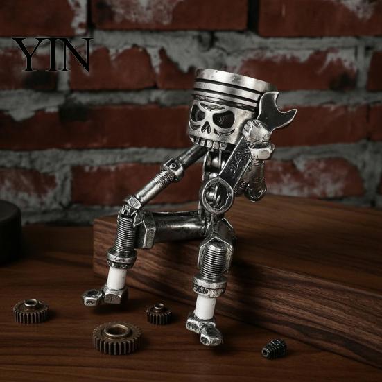 Detailed Mechanic Model Mechanical Skull Figurine with Gear Base, Industrial Piston-Head Skeleton Hardcore Desk Accessory Statue Wrench, Gift for Car