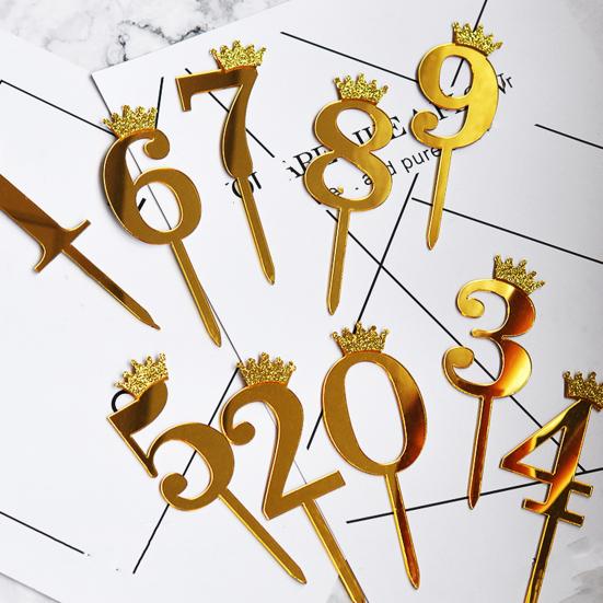 10 шт. Золотые Блестящие Топперы с Цифрами для Торта 0-9 Золотые Шпажки с Короной DIY Украшение для Капкейков на День Рождения Свадьбу Юбилей