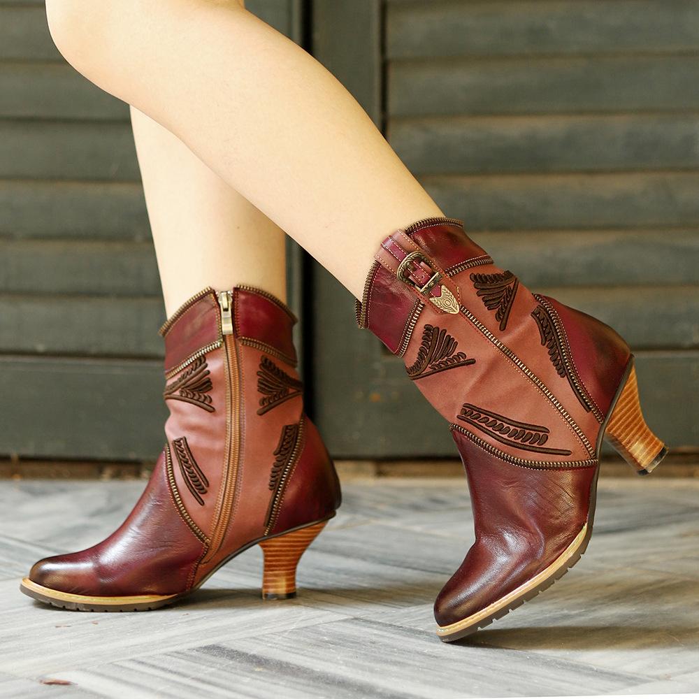 Johnature Модные туфли на высоком каблуке, женские короткие сапоги из натуральной кожи с изысканной вышивкой и молнией по краям