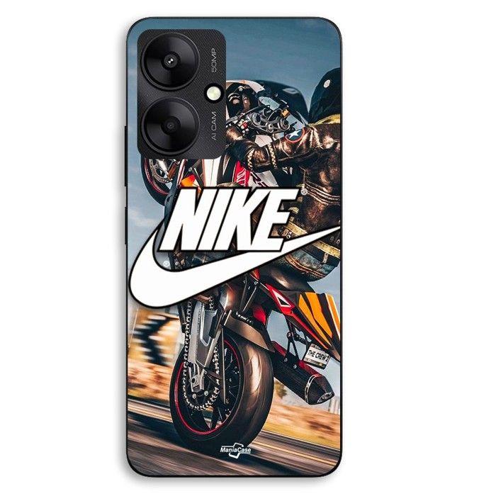 Coque de téléphone personnalisée - MANIACASE - Xiaomi Redmi 13C 5G - Silicone TPU - Noir - Logo Nike blanc & roue moto