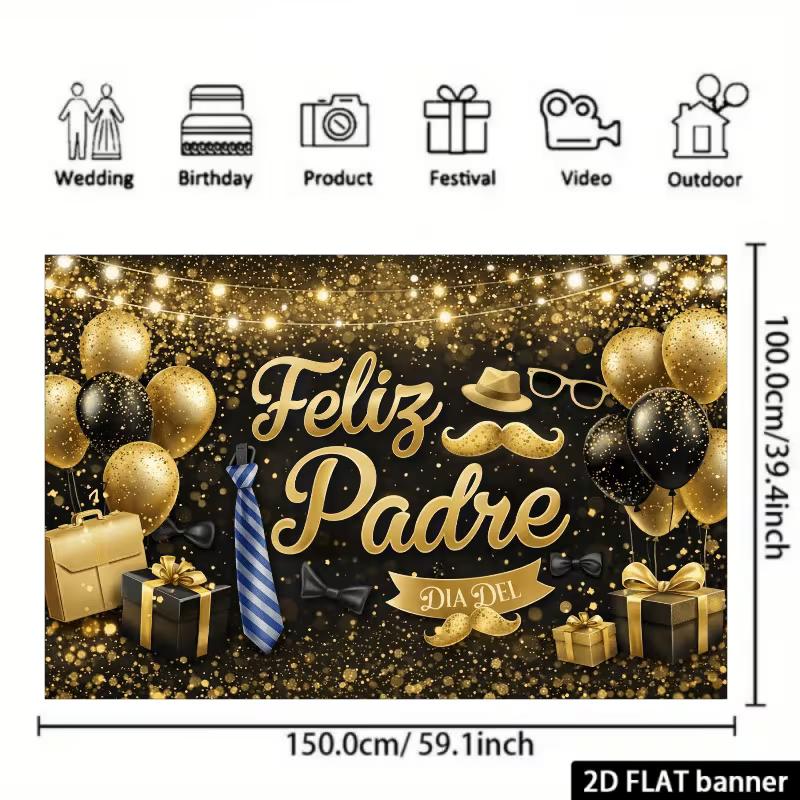 2D Black Gold Father's Day Backdrop, Feliz Padre Tie & Balloon Photography Background