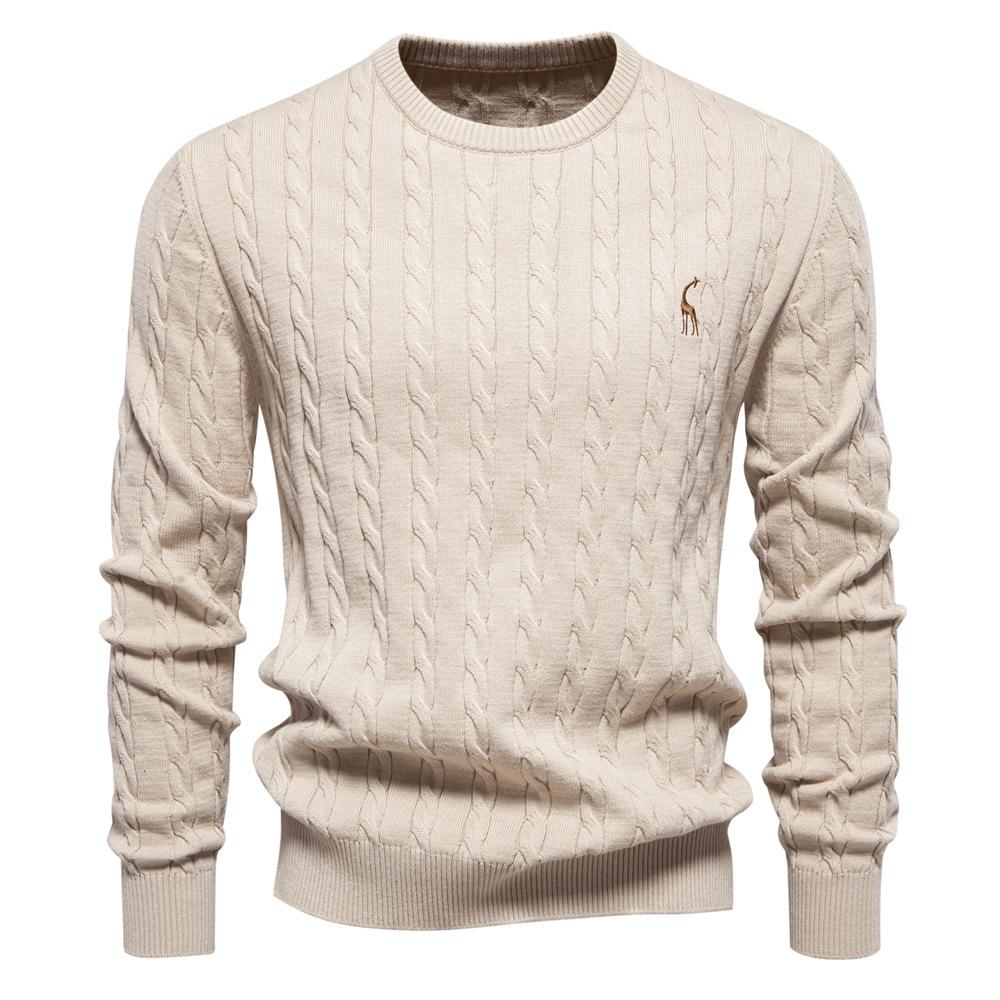 Men's Autumn Winter Solid Knitted Crew Neck Sweater Fashion Casual Deer Embroidery Pullover