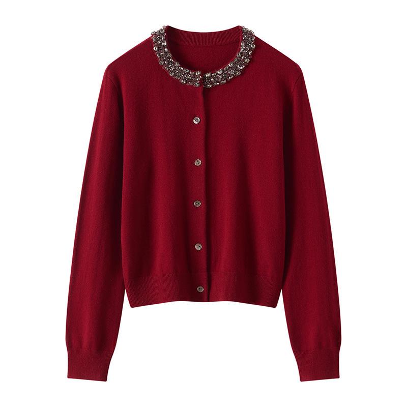 Autumn Winter Cashmere Beaded Round Neck Cardigan Sweater for Women - Warm, Loose Fit Outer Layer