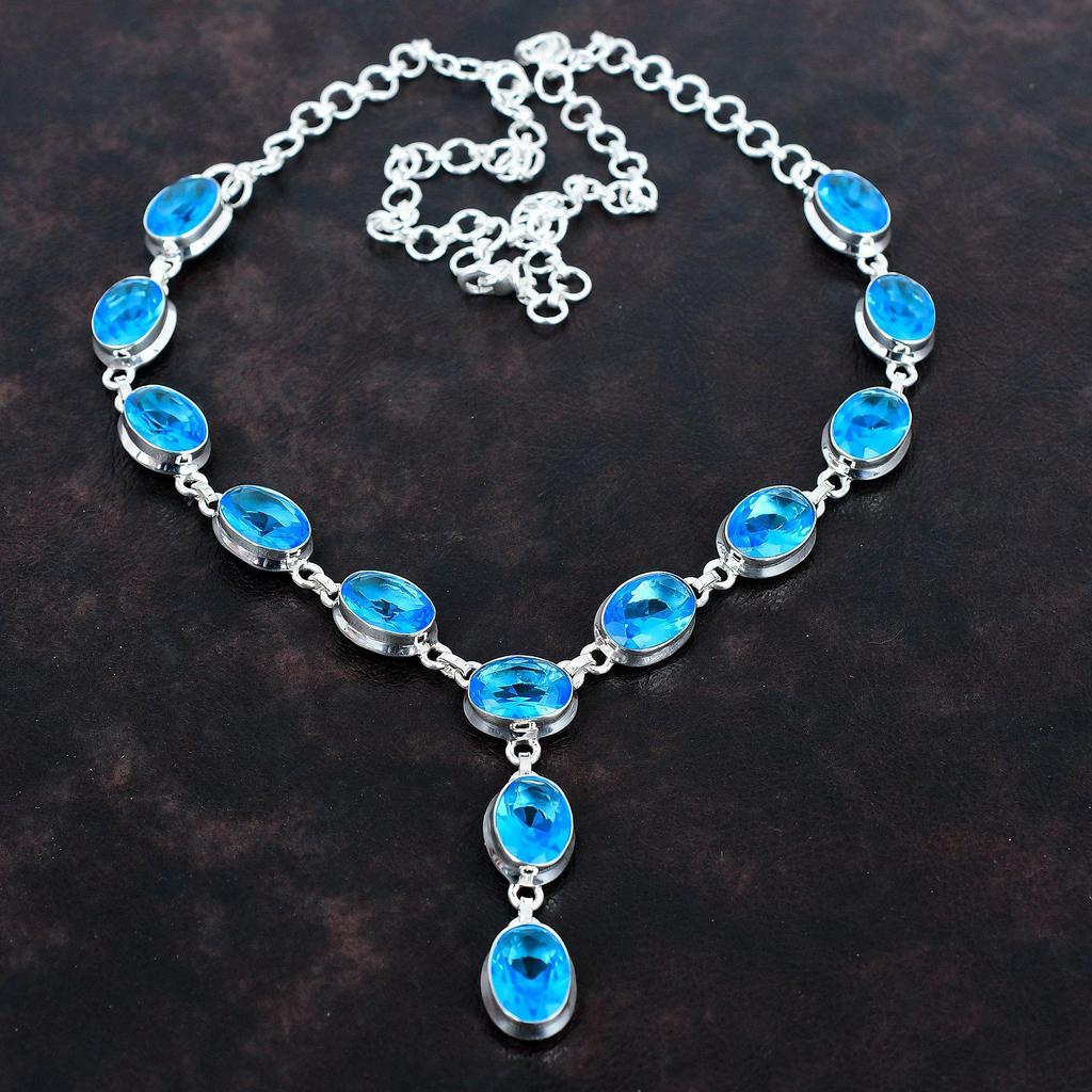 Ожерелье из ограненного швейцарского голубого топаза, ожерелье с натуральным драгоценным камнем, уникальное украшение ручной работы, ожерелье из стерлингового серебра 925 пробы, ожерелье с регулируемой цепочкой