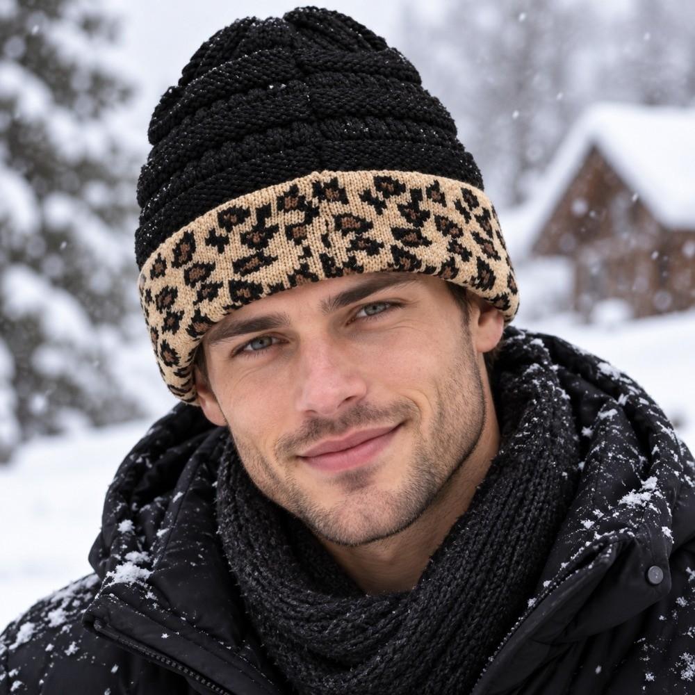 Patchwork Leopard Beanie Thickened Warm Skullcap Winter Bonnet Knitted Hat Couples