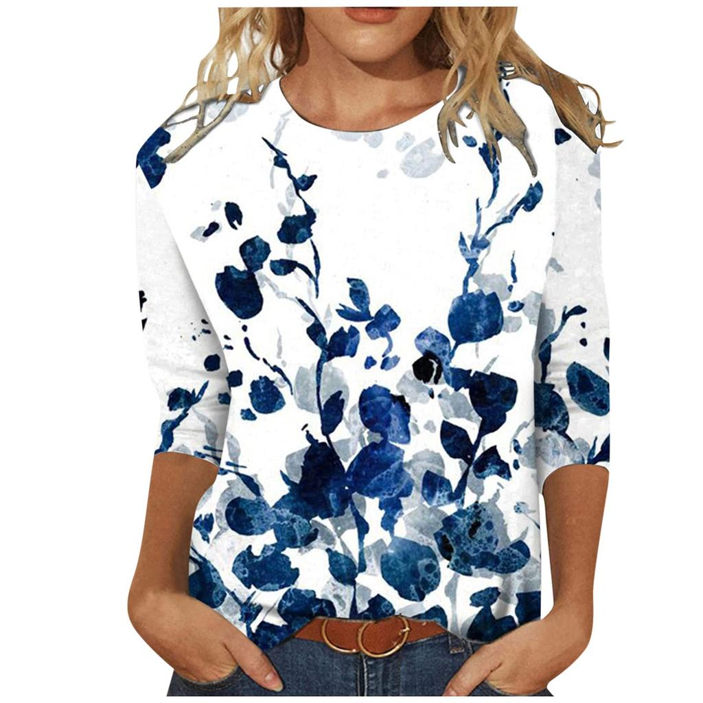 Women's Fashion Casual Round Neck 3/4 Sleeve Loose Printed T-Shirt Ladies Top