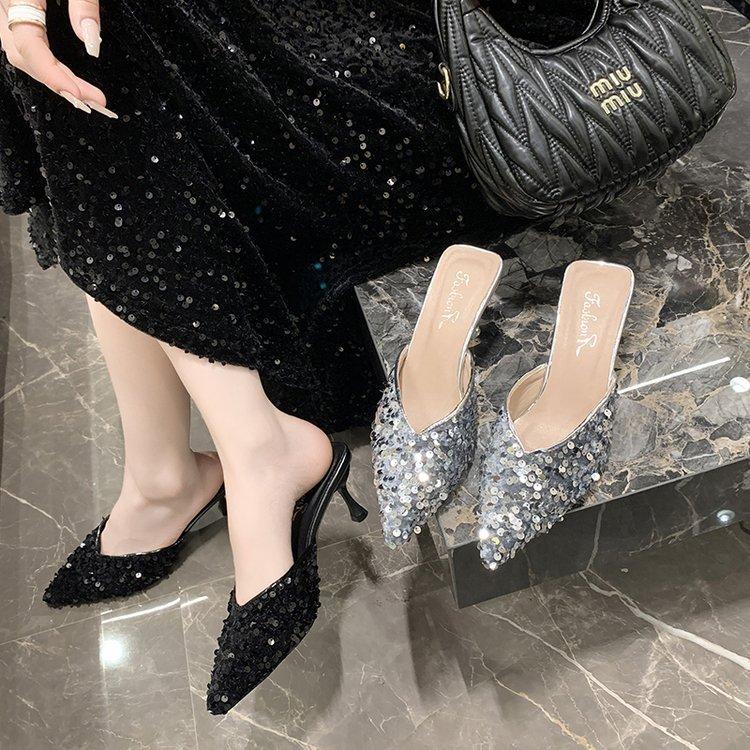 Sequins Fashion High Heels Women's Stilettos 2025 Spring and Summer New Bag Head Half Drag Women's Shoes Summer Wear Cool Slippers Women