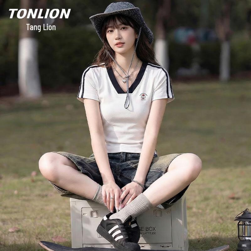 Женская футболка TonLion с V-образным вырезом, блоками цвета и коротким рукавом