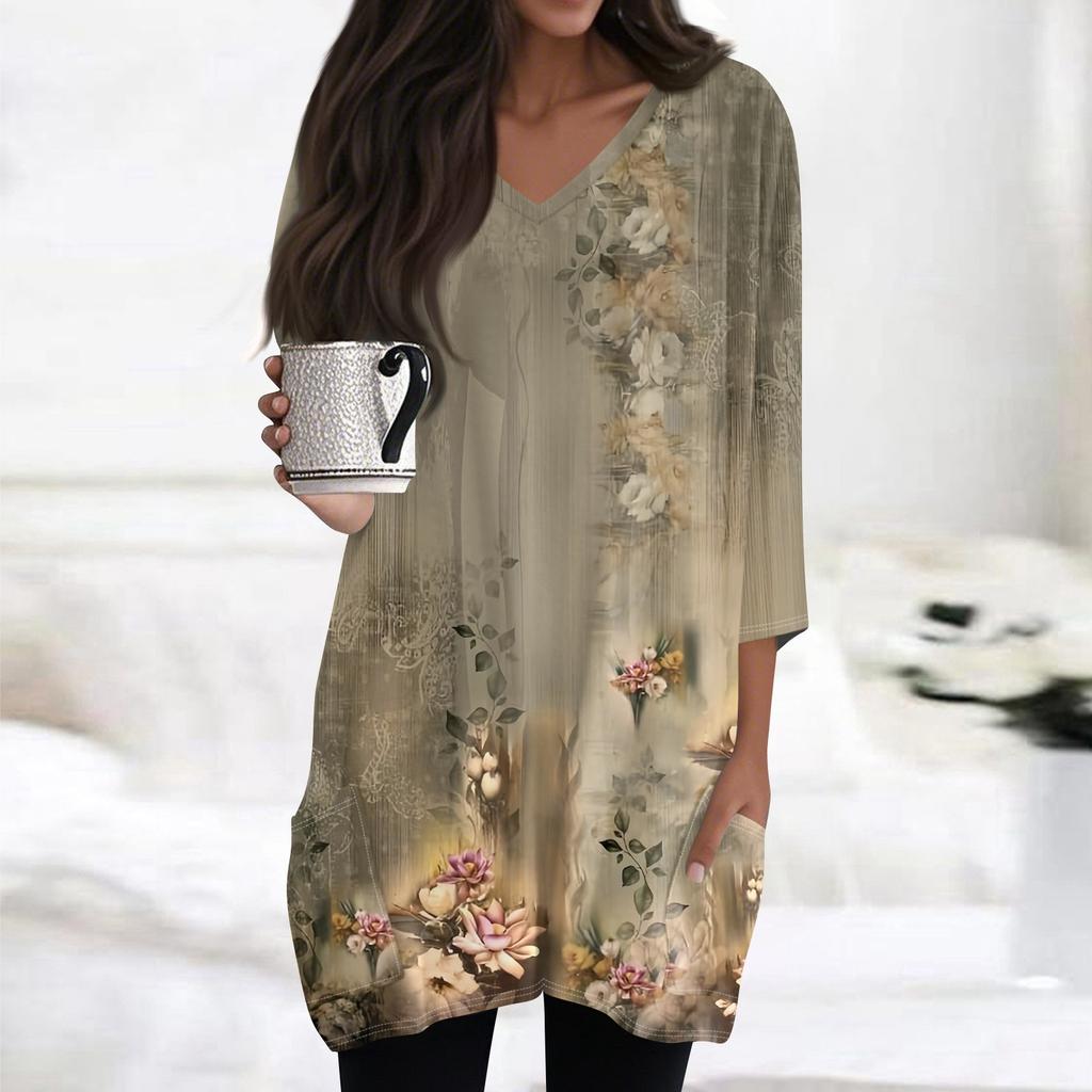 Womens Tops V-neck 3/4 Sleeve Blouses Casual Mid-length Shirts Fashion Print Tunic Tops With Pockets