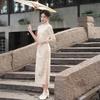 2025 Spring Sweet Floral Suede Cheongsam: Long Three-Quarter Sleeve Dress