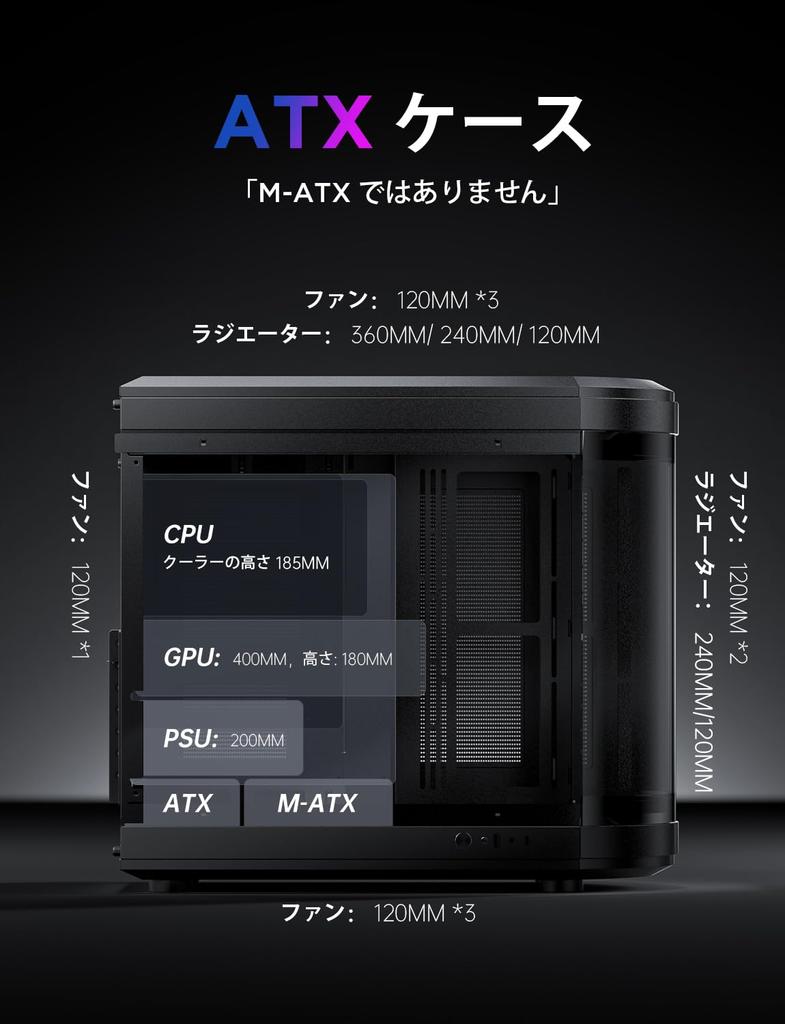 AsiaHorse ATX PC Case Mid Tower Dual Chamber Full View Tempered Glass Gaming PC Case Port 360mm Radiator Support Compatible with RTX 40 High Airflow