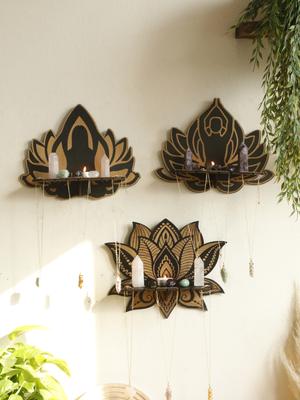Полка-дисплей Lotus Ccrystal Черные Деревянные Настенные Полки Boho Плавающая Настенная Полка для Спален Офисов Гостиной Эстетичный Подарок