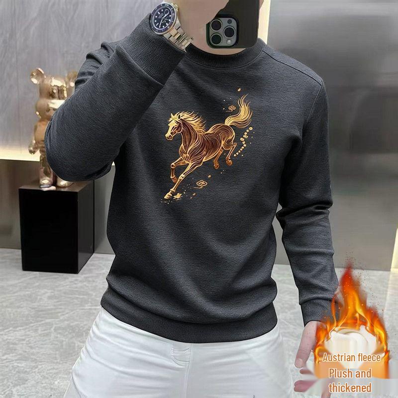 Men's Korean Style Year of the Horse Red Coral Fleece Hoodie, Thickened, Loose Fit, Pure Cotton, Round Neck, Autumn/Winter