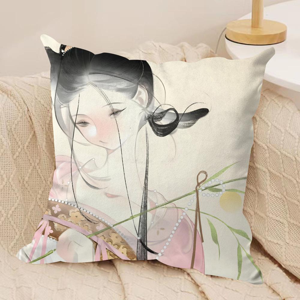 Chinese Ancient Style Beauty Cushion Cover Pillowcase Ultra Soft Skin Friendly Fabric Cloud Like Comfort Concealed Zipper