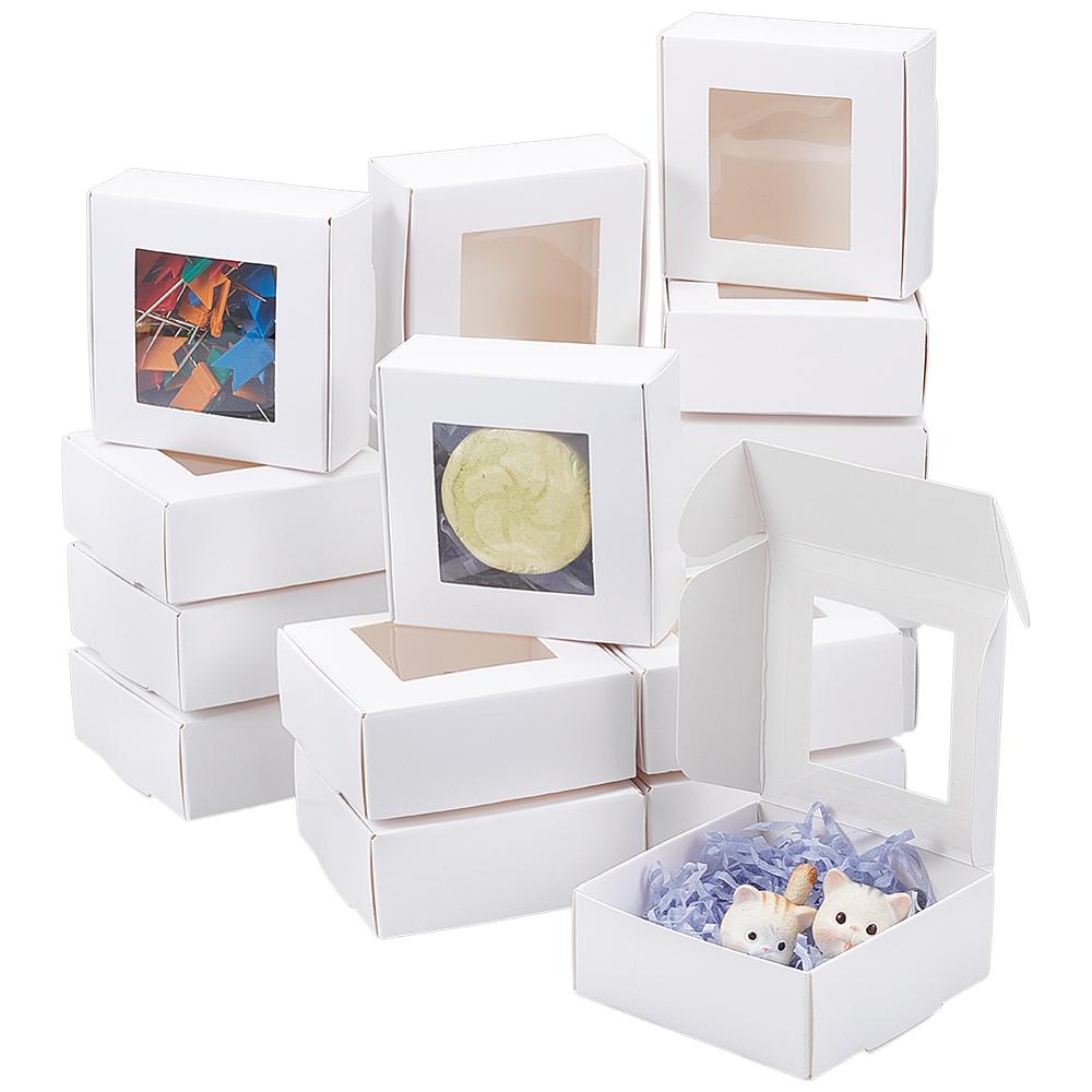 36pcs Paper Packaging Boxes with Plastic Window Square White 7.6x7.8x3.1cm