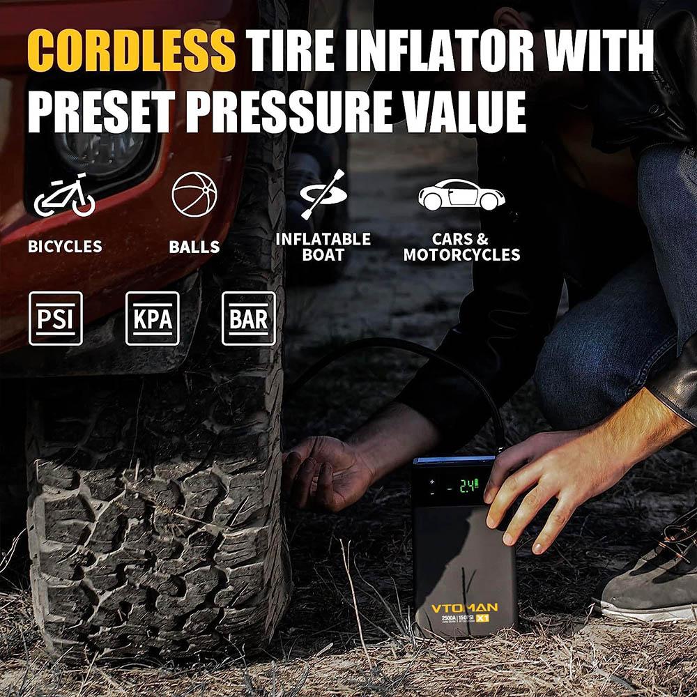 Пусковое устройство VTOMAN X1 с воздушным компрессором 100 фунтов на кв. дюйм, пиковый автомобильный стартер 2500 А, пусковой короб для литиевой батареи 12 В, светодиод 400 люмен