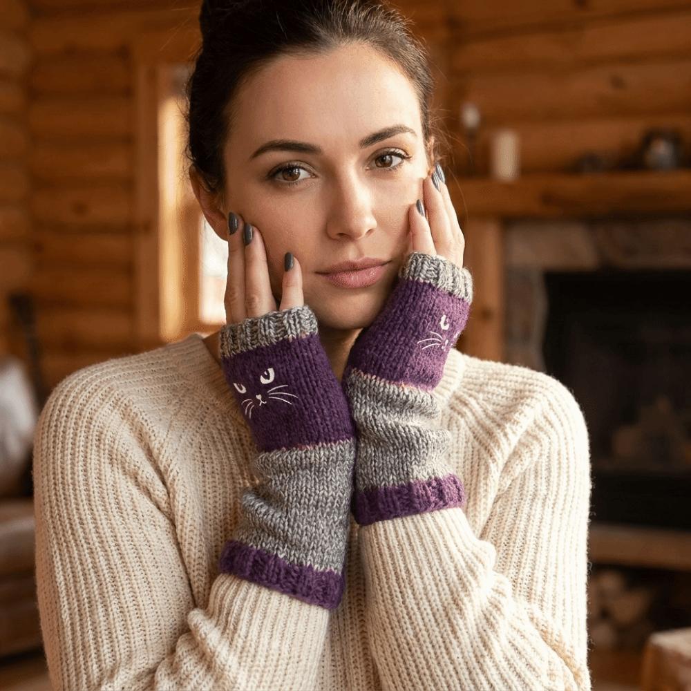 Thick Knitted Fingerless Gloves Soft Cat Embroidery Gloves Fashion Half Finger Gloves Daily