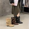 2025 New Retro Pointed Thin Boots Belt Buckle Thin But Knee Pile Boots Women's Versatile Thick Heel Mid Boots