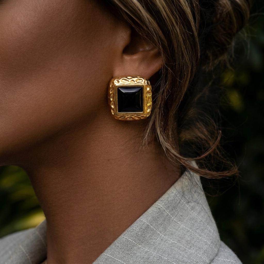 Chunky Vintage Black Stainless Steel Stud Earrings for Women Irregular Geometric Gold Plated Earrings Waterproof Ears Jewelry
