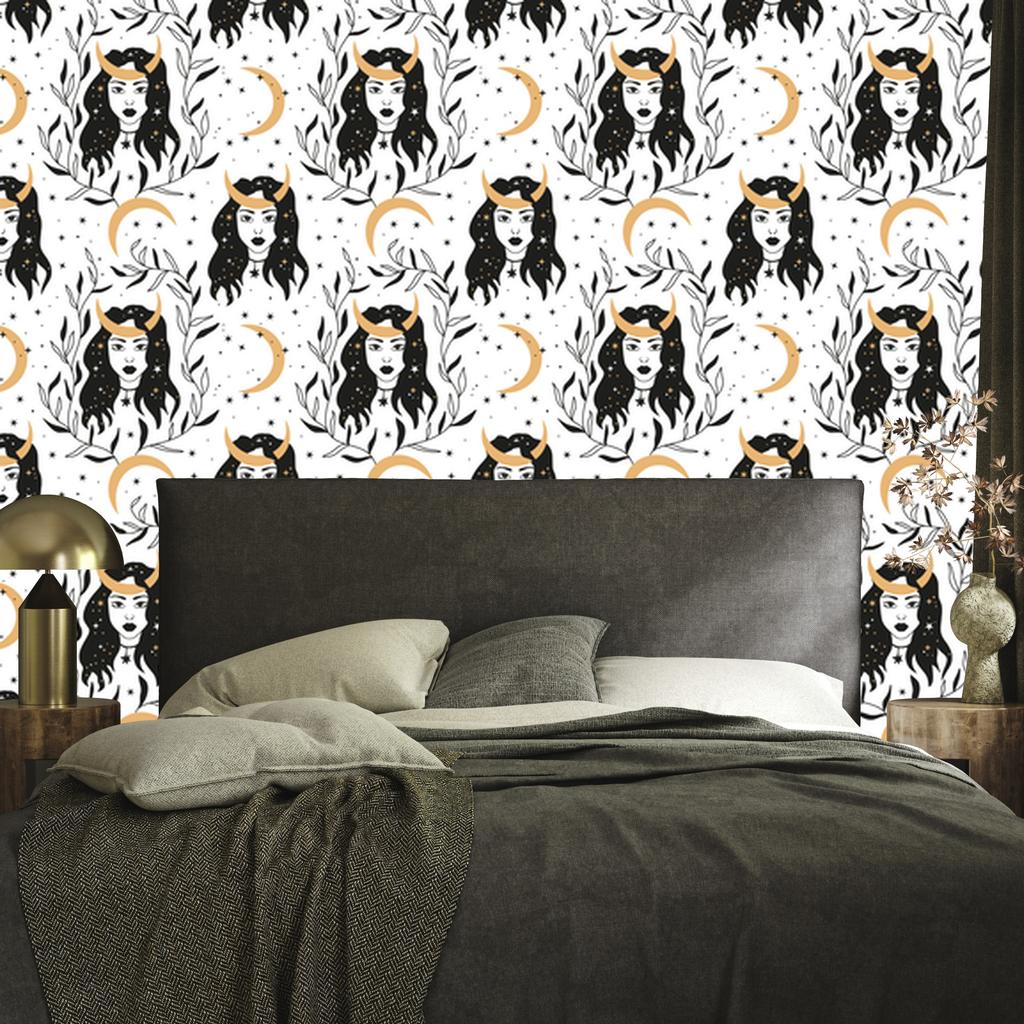 Women and Astrology Wallpaper Graphite and Brown for Living Room and Bedroom 50x1000